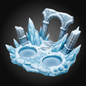 An icy fantasy tabletop terrain piece featuring a stone archway, jagged ice spikes, two circular pits, and textured rock formations in light blue and white tones, shown on a dark gradient background.