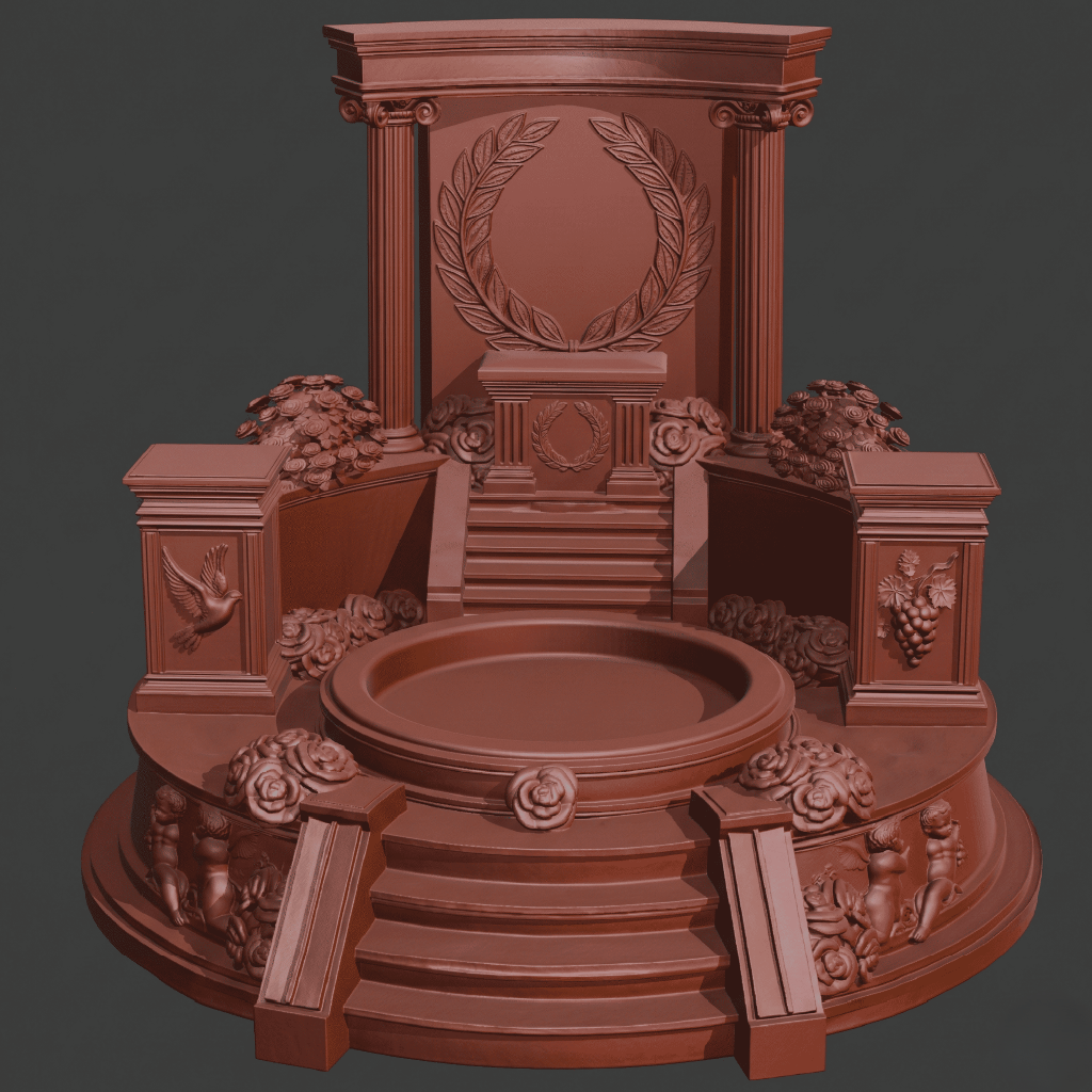 Decorative brown sculpture with intricate designs on a dark background