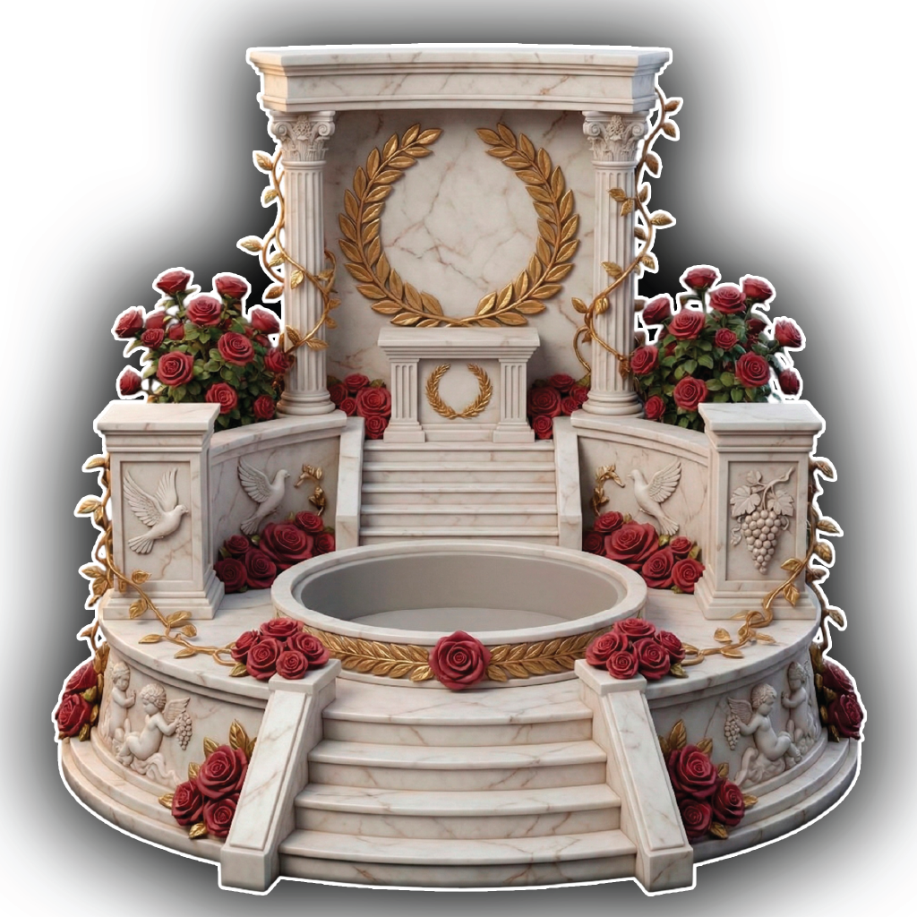 Decorative marble fountain with floral arrangements and gold accents on a white background
