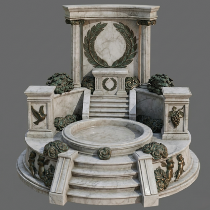 Decorative marble fountain with classical design elements on a gray background