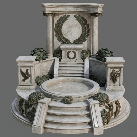 Decorative marble fountain with classical design elements on a gray background