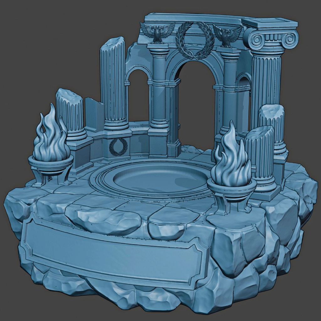 3D model of a fantasy temple with columns, arches, and torches on a gray background
