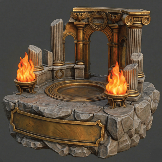 Decorative stone altar with classical columns and flames on a dark background