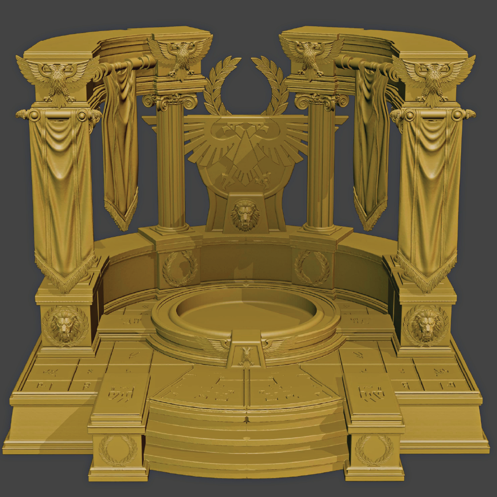 Gold throne with intricate designs on a gray background