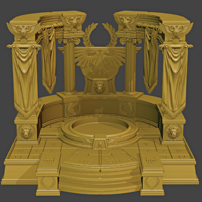 Gold throne with intricate designs on a gray background