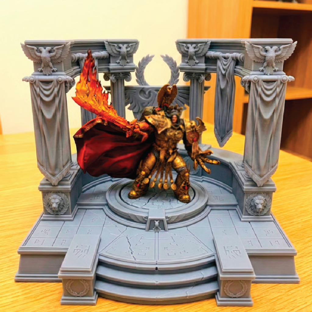 Decorative figure on a platform with architectural elements and a yellow background