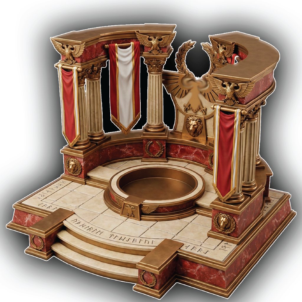 Decorative chair with gold and red accents, featuring an eagle and other symbols on a gray background.