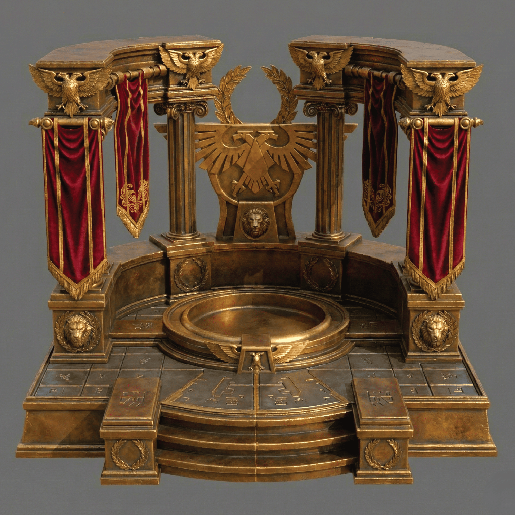 Decorative golden throne with red curtains on a gray background