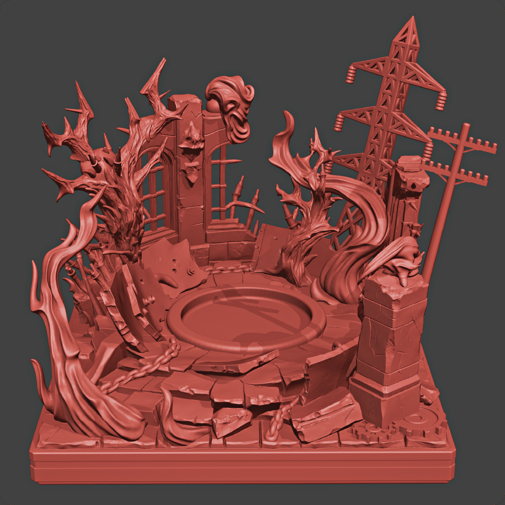 Red 3D-printed model of a dystopian landscape with power lines and ruins on a dark background