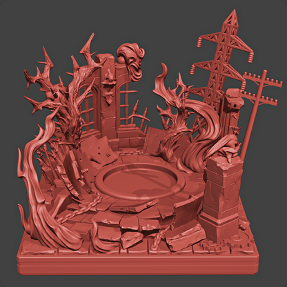 Red 3D-printed model of a dystopian landscape with power lines and ruins on a dark background