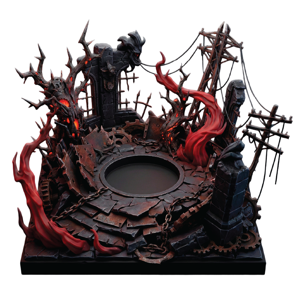 Gothic-style decorative object with red flames and dark architecture on a white background