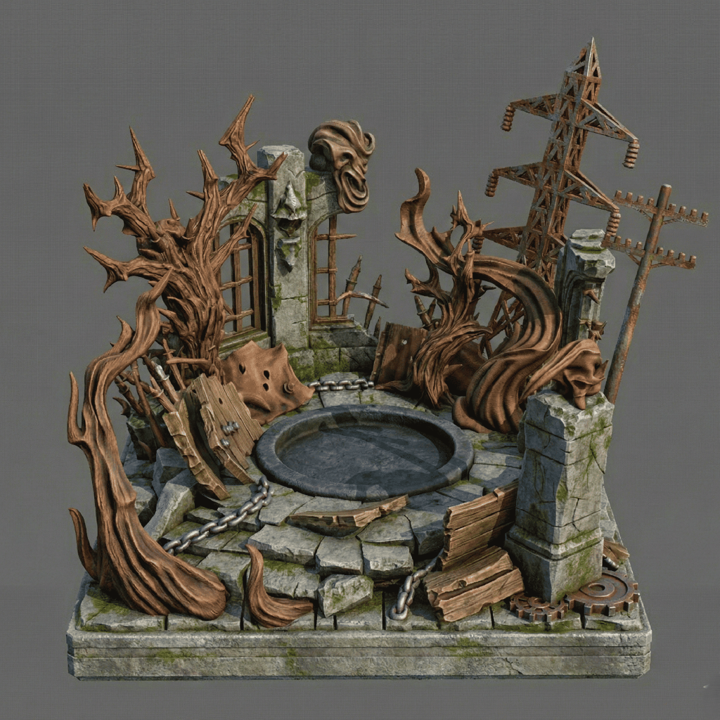 Detailed miniature scene with twisted trees, a pond, and mechanical elements on a gray background