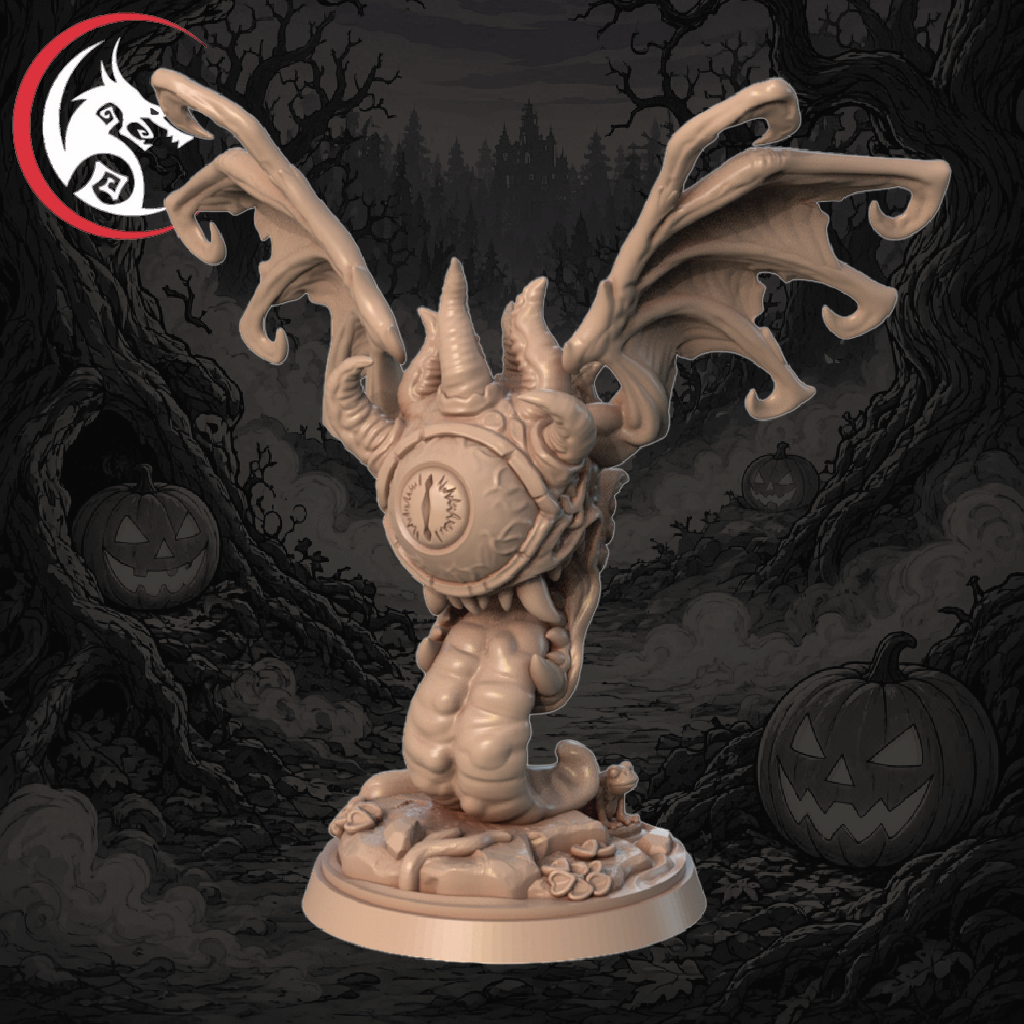 A fantasy miniature figurine of a horned, winged creature kneeling on a base, shown against a dark illustrated Halloween forest background with pumpkins. A red and white logo appears in the top-left corner.