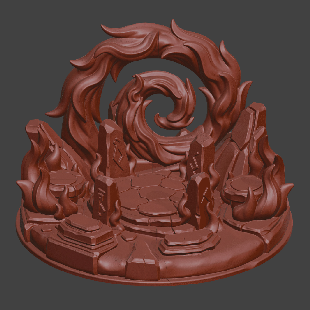 A 3D-rendered fantasy terrain piece or miniature base in a uniform reddish-brown color, featuring a spiral portal, stone platform, and flame-like rock formations on a dark gray background.