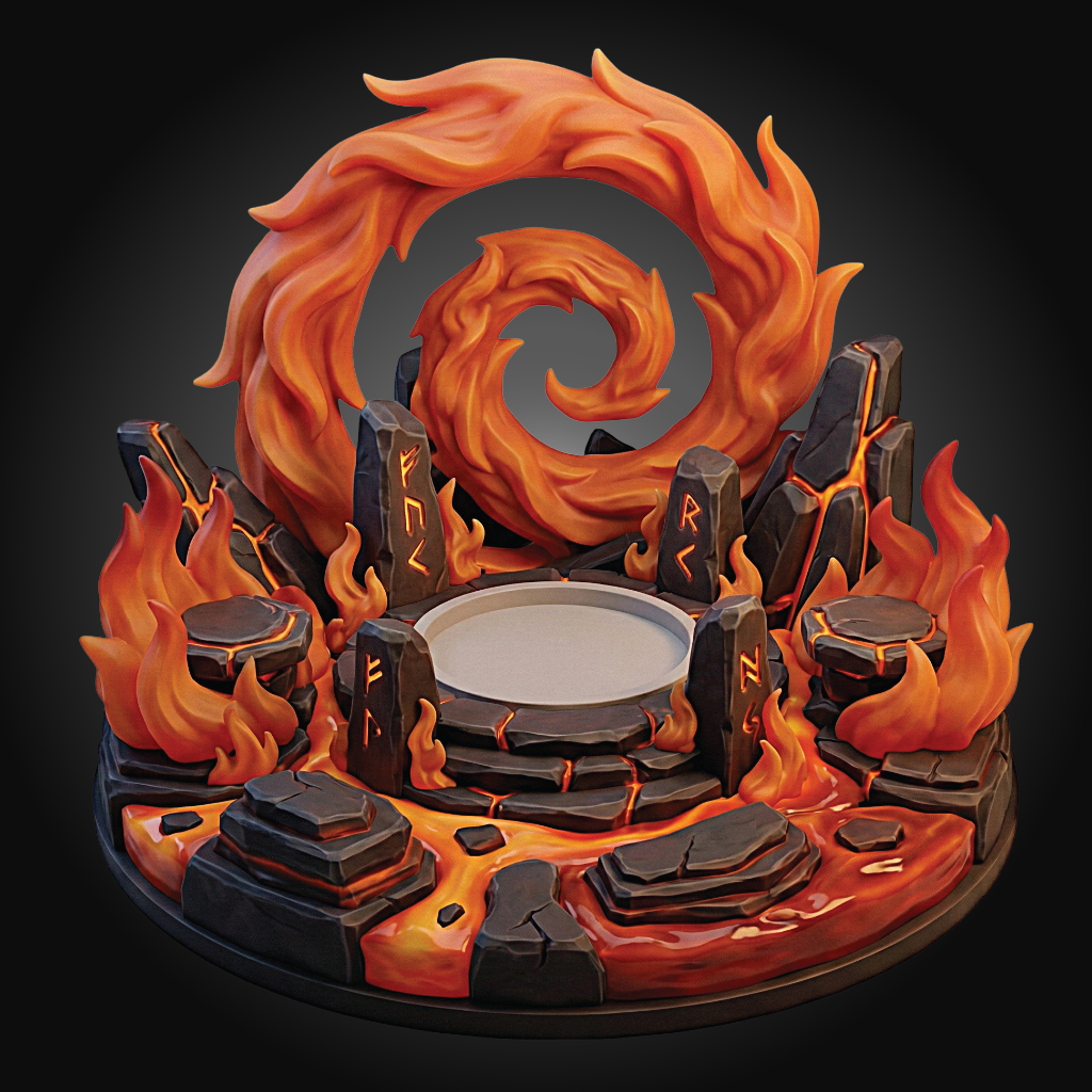 A 3D-rendered fantasy terrain piece or miniature base in a uniform reddish-brown color, featuring a spiral portal, stone platform, and flame-like rock formations on a dark gray background.