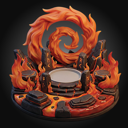A 3D-rendered fantasy terrain piece or miniature base in a uniform reddish-brown color, featuring a spiral portal, stone platform, and flame-like rock formations on a dark gray background.