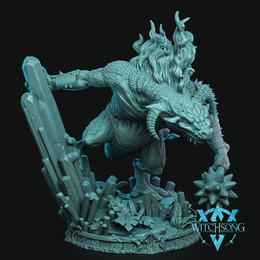 A monochrome fantasy creature figurine or miniature shown against a black background, with glowing cyan highlights. The creature has a reptile-like body, flame-like hair or mane, sharp claws, and is posed over a crystal cluster and base.