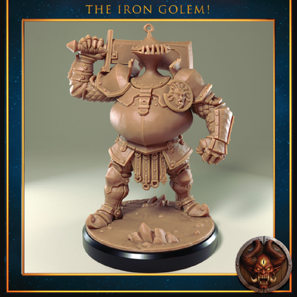 A painted fantasy miniature figurine of a heavily armored golem or warrior standing on a round base, shown against a neutral studio-style background with a dark blue decorative border and the text 'THE IRON GOLEM!' at the top. A small circular logo appears in the bottom-right corner.
