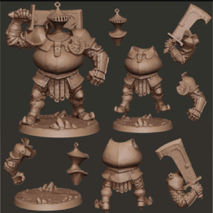 A 3D-rendered unpainted fantasy miniature figure shown from multiple angles on a dark gray background. The figure is a stout armored warrior holding a large axe, with separate parts like the head, torso, arms, legs, and base displayed around it.