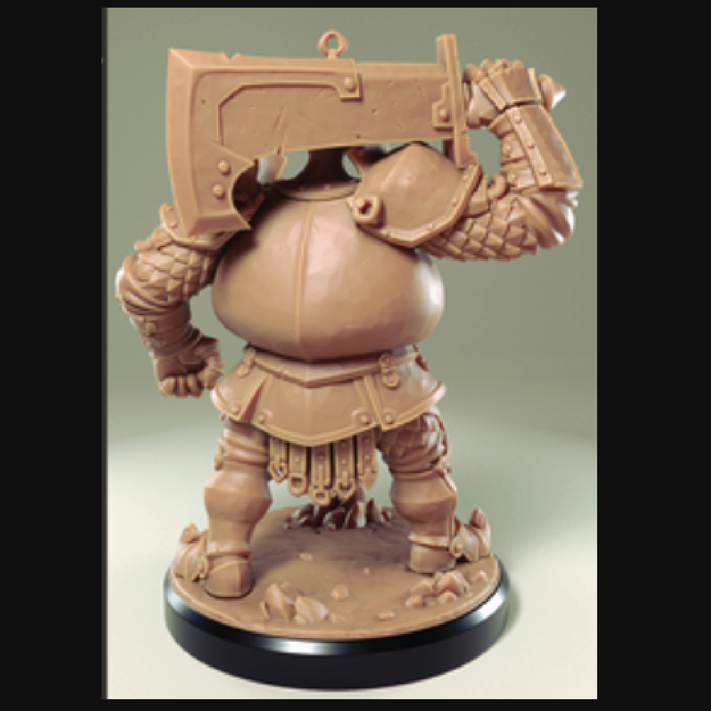 An unpainted fantasy tabletop gaming miniature figurine of a heavily armored goblin or ogre character with a large axe overhead, shown on a black display base against a neutral studio background.