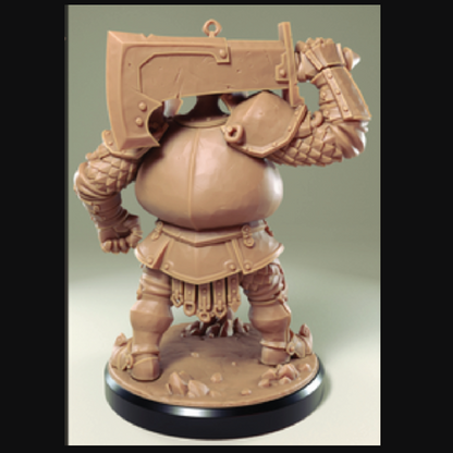 An unpainted fantasy tabletop gaming miniature figurine of a heavily armored goblin or ogre character with a large axe overhead, shown on a black display base against a neutral studio background.