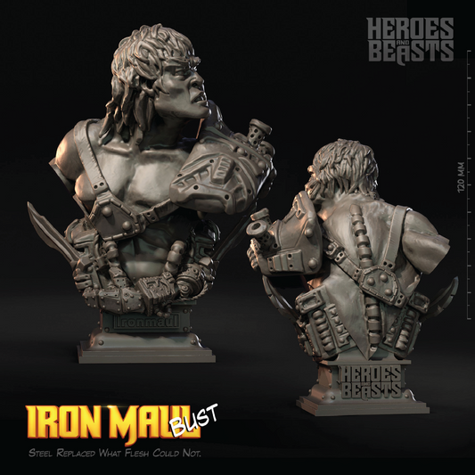 A 3D-rendered product image showing two views of a metallic fantasy warrior bust sculpture on a black background. The left view shows the front three-quarter bust, and the right view shows the back three-quarter bust.