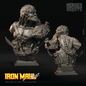 A 3D-rendered product image showing two views of a metallic fantasy warrior bust sculpture on a black background. The left view shows the front three-quarter bust, and the right view shows the back three-quarter bust.