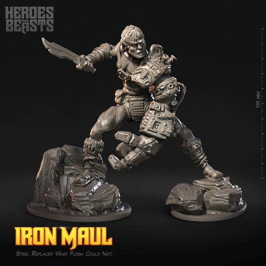 A grayscale 3D-rendered fantasy warrior miniature figure posed mid-battle on two rock bases against a black background, with the text 'Heroes of the Beasts', 'IRON MAUL', and a height mark of 170/44 visible.