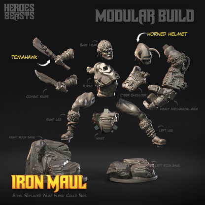 Assembled and exploded views of a custom miniature figure torso and arms labeled 'Iron Maul' with parts like bare head, horned helmet, tomahawk, torso, and mechanical arm on a dark background. Heroes Beasts branding is visible.