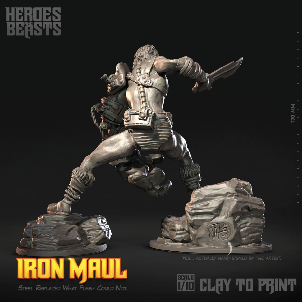 A 1/10 scale collectible statue of the character Iron Maul from Heroes of the Beasts, shown in a dynamic battle stance on a dark background. The statue is rendered in a metallic silver-gray finish, with a small rocky base featuring a 'HM' emblem.