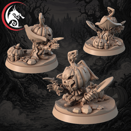 Three unpainted fantasy tabletop miniatures with pumpkin-themed designs are shown on circular bases against a dark spooky forest background. A red and black dragon logo appears in the top-left corner.