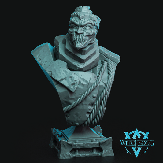 Gray bust sculpture with intricate details on a black background, featuring the 'Witchsong' logo.