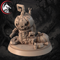 A 3D-rendered unpainted tabletop miniature of a spooky jack-o'-lantern character with a carved pumpkin head, twisted stem, skeletal lower body, and accessories, shown on a round base against a dark illustrated forest background. A red-and-white dragon logo appears in the top-left corner.