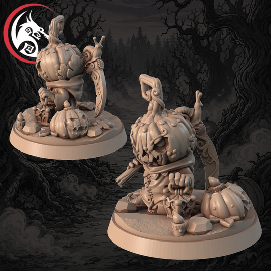 Two unpainted tabletop gaming miniatures of a cute, messy pumpkin-headed character on round bases, shown against a dark, spooky forest background. A red and black logo is visible in the top-left corner.
