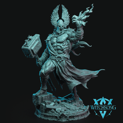 A fantasy warrior miniature figurine with a winged skull helmet, muscular torso, flowing dark drapery, and a mace, shown on a dark background with the Witchsong logo in the lower right.