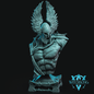 A detailed fantasy bust statue of a muscular winged warrior wearing a helmet and shoulder armor, shown against a solid black background with the Witchsong logo in the lower right corner.