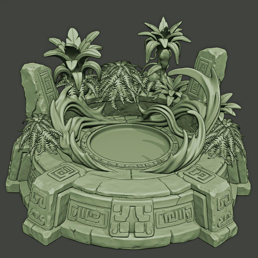 Greenstone-like fantasy landscape with a central pool and surrounding plants on a dark background