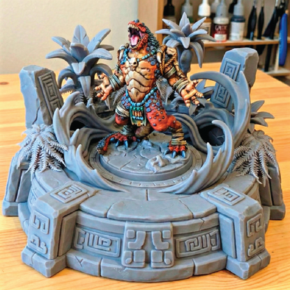 Colorful monster figurine on a detailed gray platform with a wooden surface background