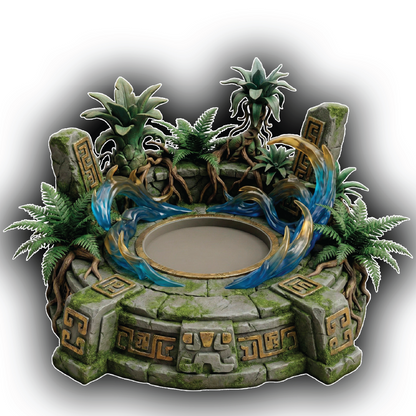 Decorative stone lantern with dragon design and greenery on a white background