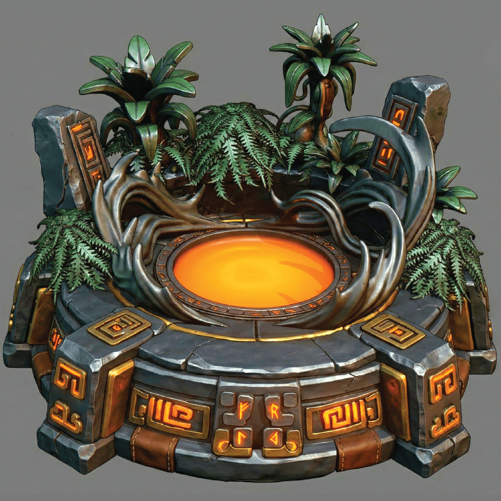 Decorative object with glowing center, plants, and intricate design on a gray background