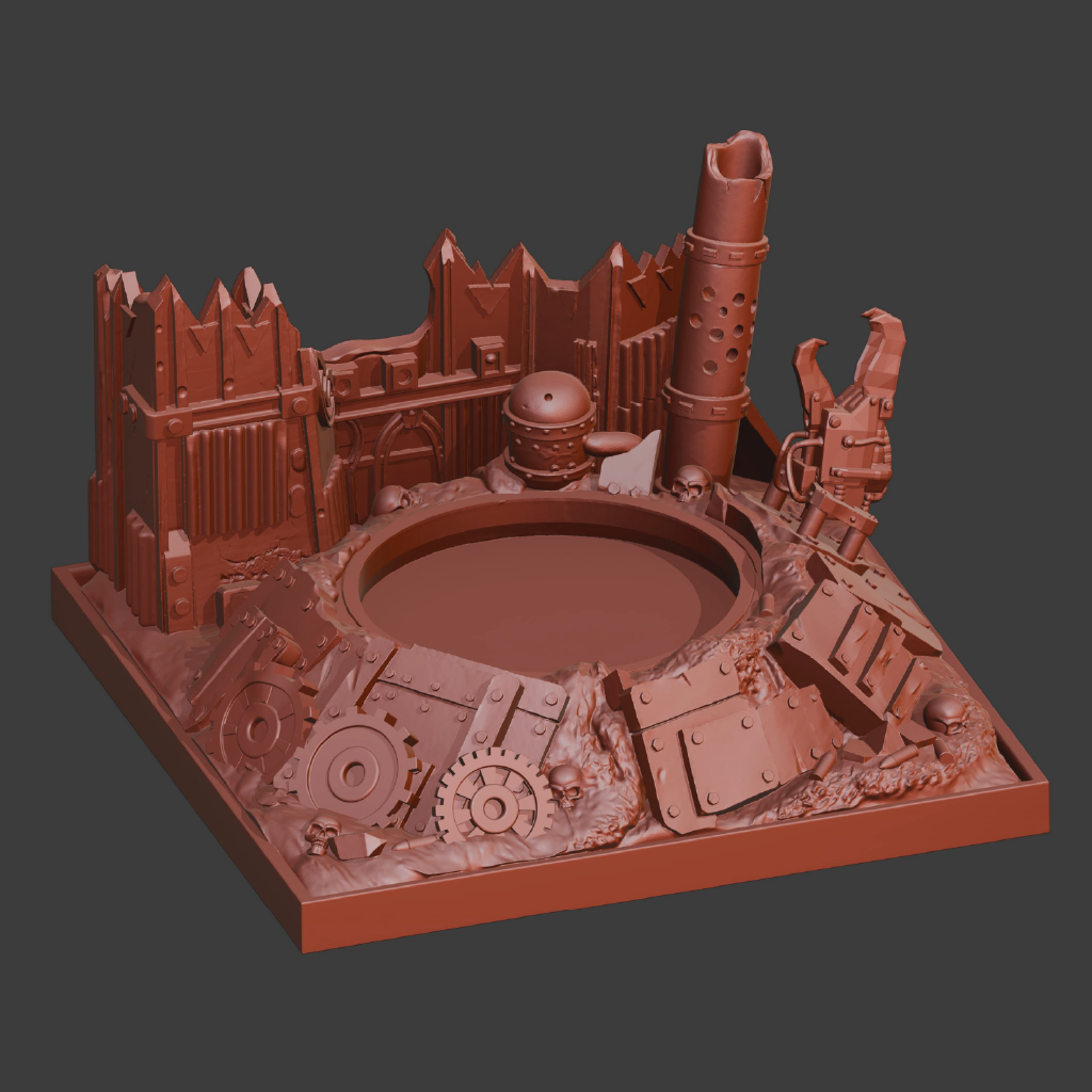 Brown model of a detailed architectural structure on a gray background