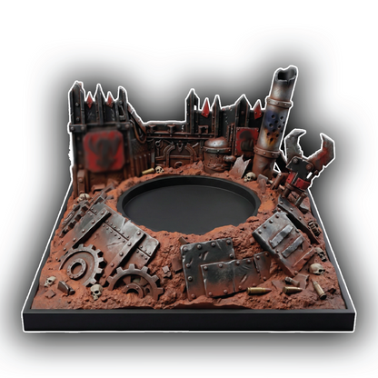 Decorative piece with a castle and mechanical elements on a white background