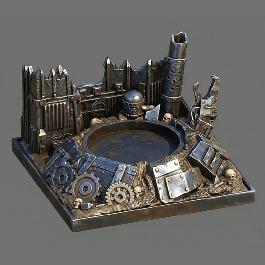 Metallic model of a fortress with gears and a central pit on a gray background