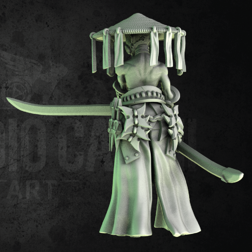 Green figurine of a warrior with a sword on a dark background