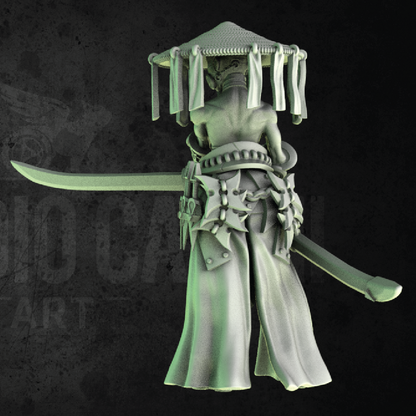 Green figurine of a warrior with a sword on a dark background