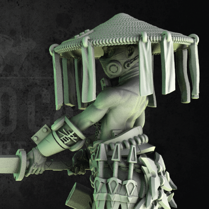 Green warrior figurine with a helmet and sword on a dark background