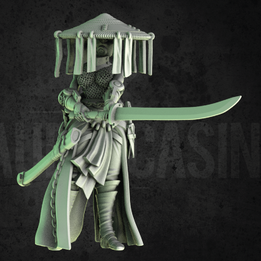 Green warrior figurine with a sword on a dark background