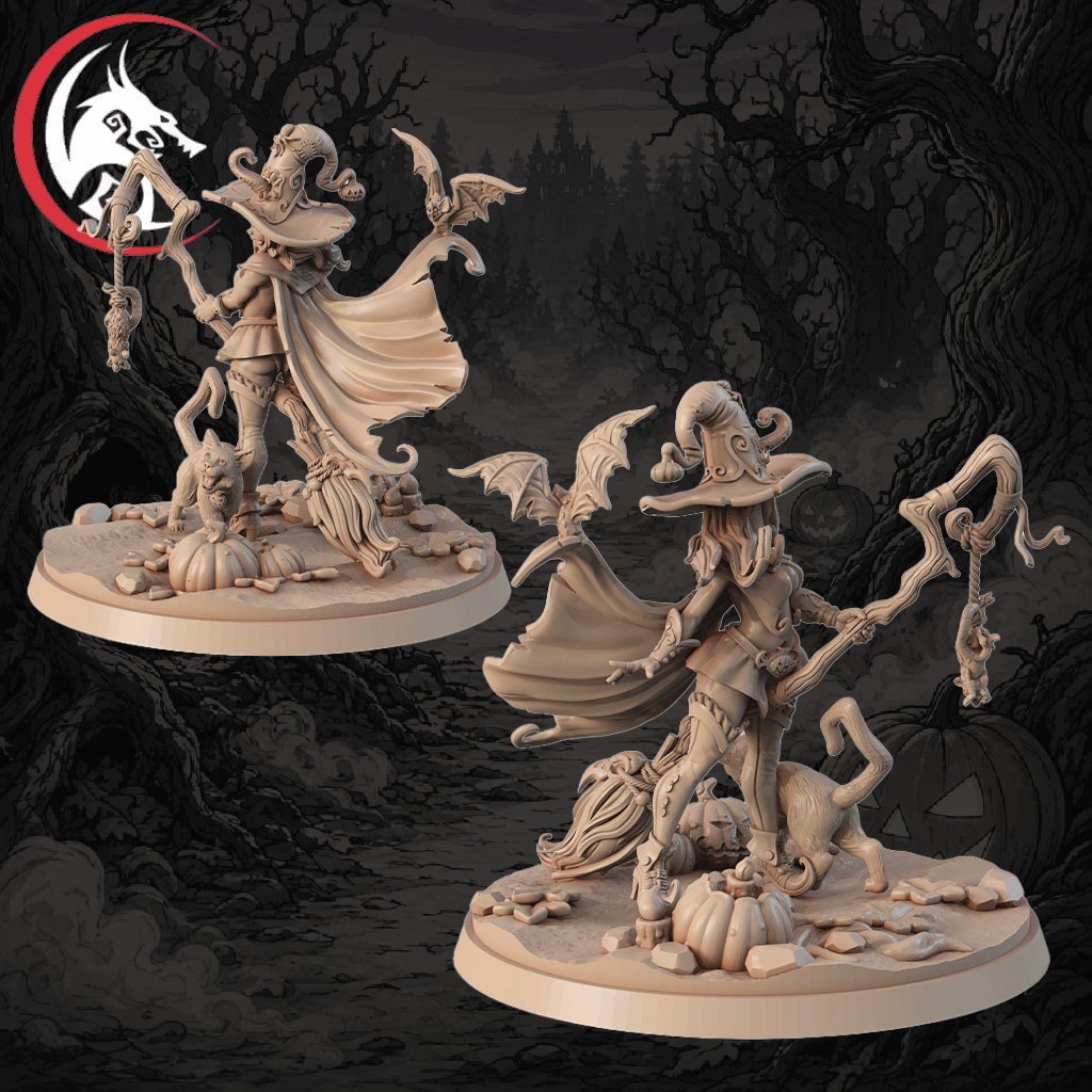 Two unpainted fantasy tabletop miniatures on round bases, shown against a dark illustrated forest background. The figures are light beige resin/plastic with bat, pumpkin, and skull details.