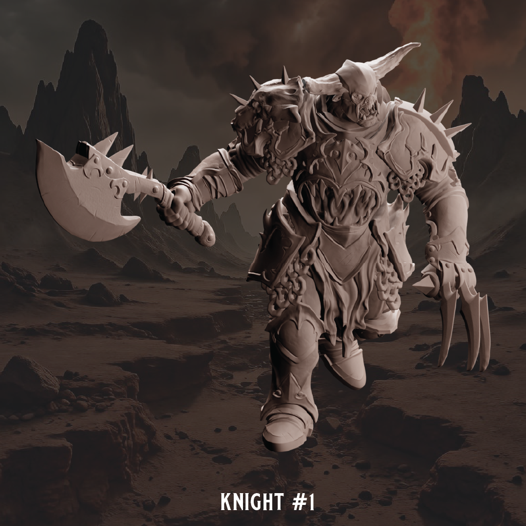 Stylized illustration of a knight holding an axe in a desert landscape with mountains in the background.
