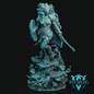 A fantasy warrior miniature figurine in a uniform light blue-gray resin, standing on a detailed rocky base with a shield and sword, set against a solid black background. The Witchsong brand logo is visible in the bottom right corner.